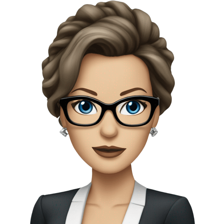 Hyper Realistic photo Kate Beckinsale blue eyes wearing glasses in a business dress emoji