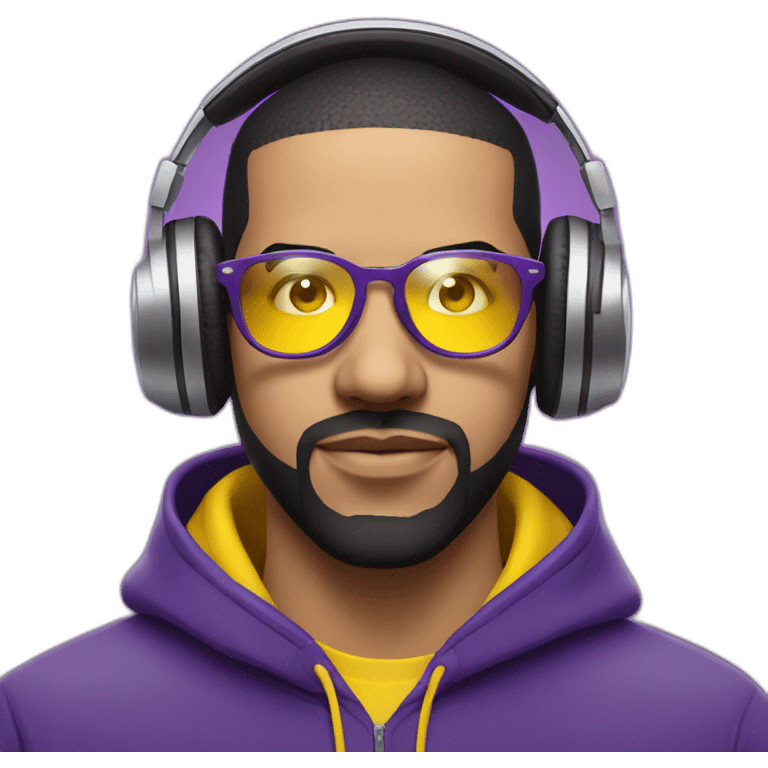 drake in purple hoodie and shiny yellow rectangular glasses wearing purple headphones emoji