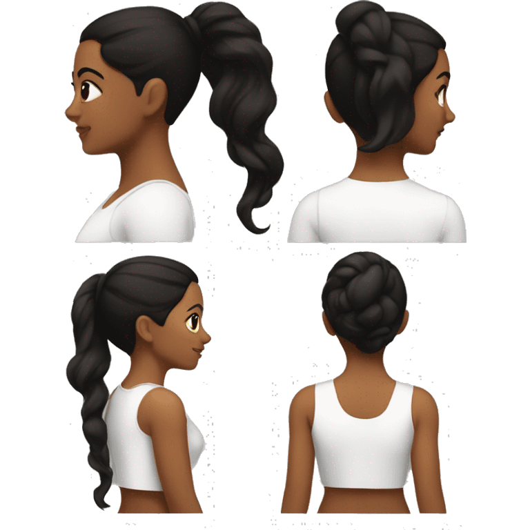 back side of a brown women, with black hair and, a white crop top emoji