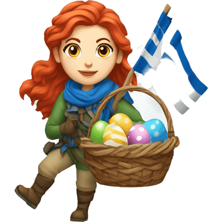 Greek Female winter mountaineer red hair white skin climbing with Greek Flag and Easter eggs basket emoji