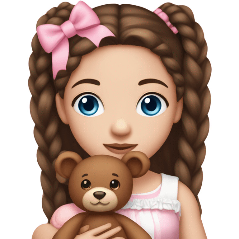 Little Girl with White skin, blue eyes. Long brown hair with two braids and two pink bows in it. She is wearing a pink and White dress, standing and holding on to a teddybear. emoji