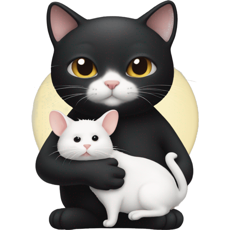 black Cat holding a white little hamster in his arms emoji