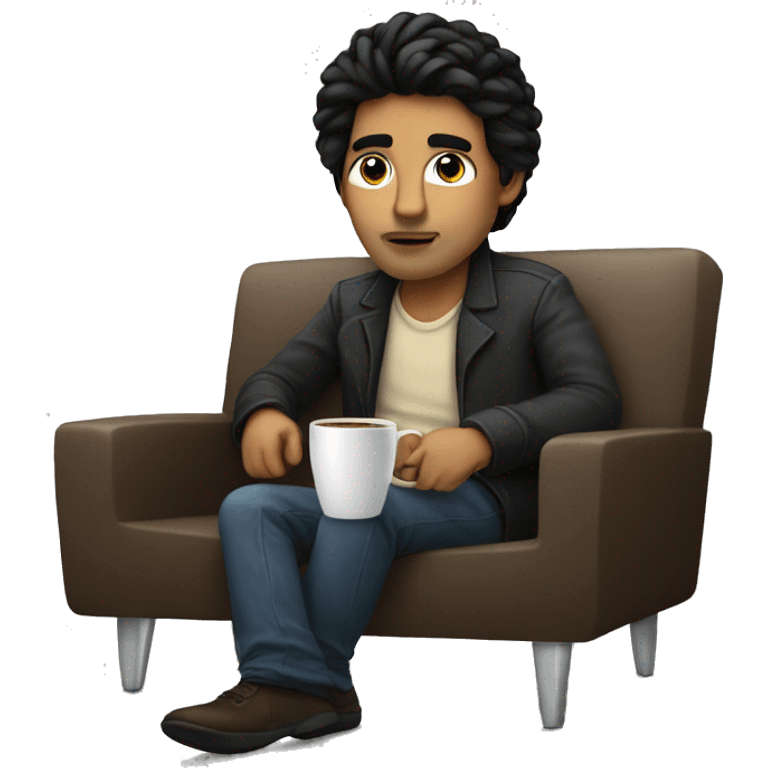 programmer with black hair programming in his mac, having coffee as well, sitting on the couch like a boss emoji