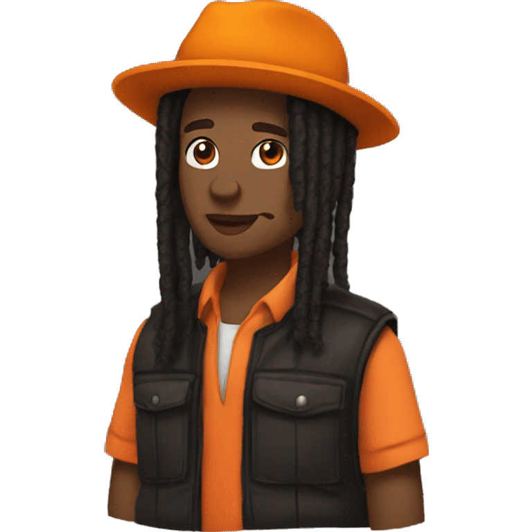 brown African american whit starter dreads and black hat backwards and orange puffer vest emoji