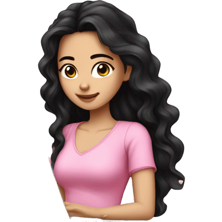 Beautiful girl,Black hair,wavy hair，long hair,Black eyes,Chinese, typing on laptop, Pink top  emoji