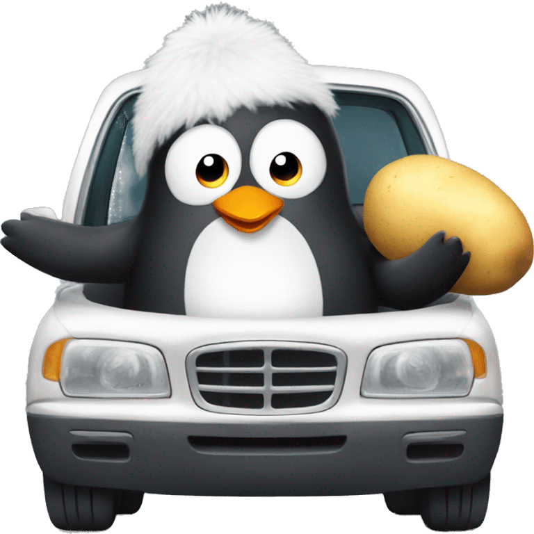 A fluffy penguin eating a potato inside of a car emoji