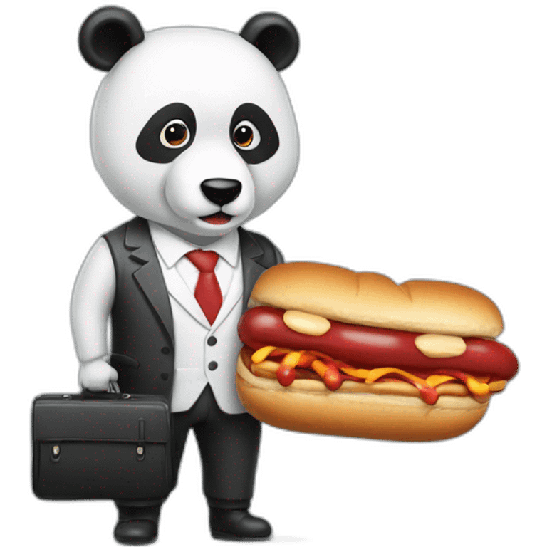 A professor with white suit and red tie and a panda face eating a hotdog and holding a black suitcase emoji