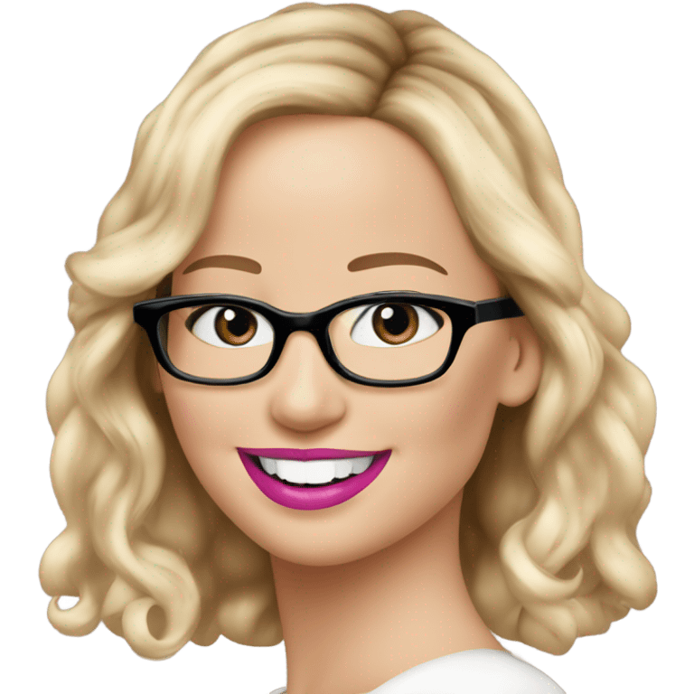 Happy Jennifer Lawrence,  blu eyes wearing glasses and pink lipstick  emoji