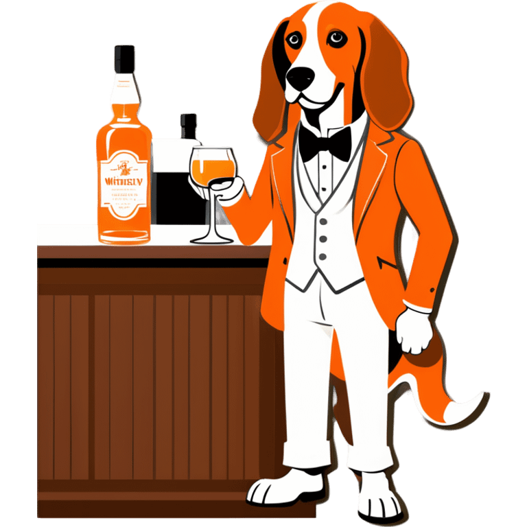 Hound dog in tangerine and white clothes at a whiskey bar emoji