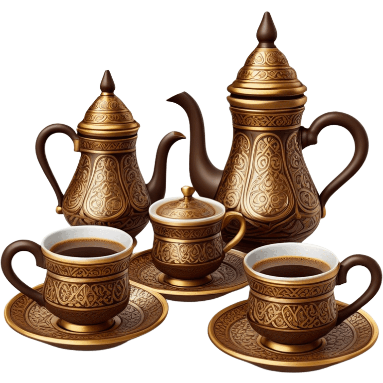 Turkish Coffee Set – Cinematic Realistic Turkish Coffee Set, depicted as an elegantly arranged ensemble of ornate coffee cups and a traditional cezve pot, adorned with intricate patterns and rich, warm colors, rendered with detailed textures and soft ambient lighting that captures its cultural heritage. emoji