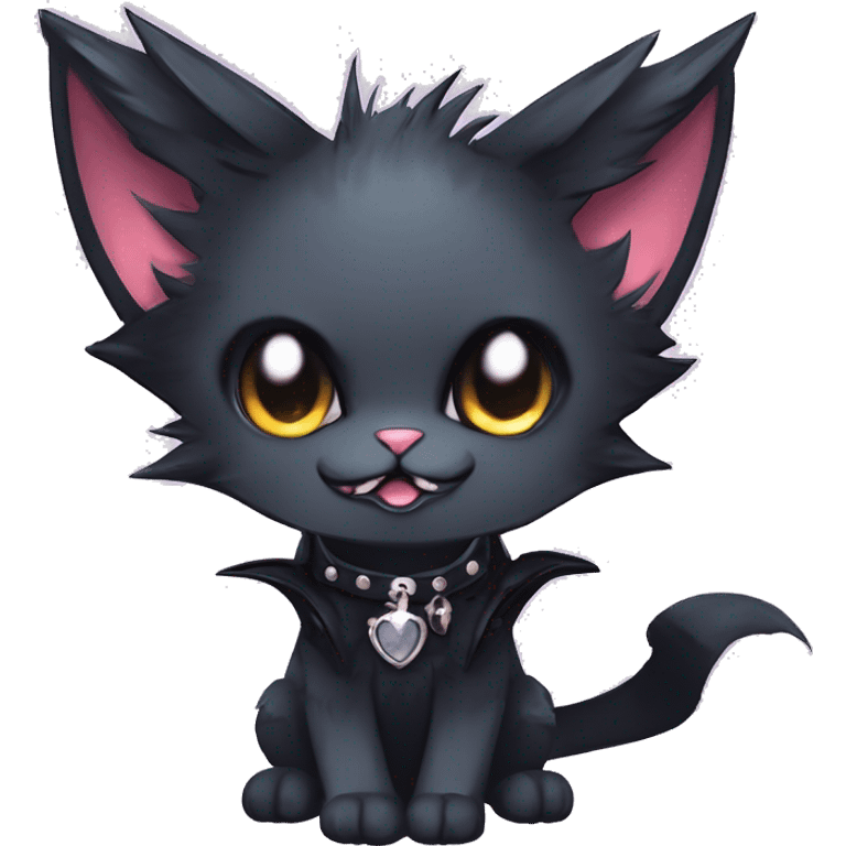   cool edgy kawaii anime-style ethereal dark-punk-themed animal vampiric cat-hybrid Fakemon with fangs and bat-wing-ears with a collar full body emoji