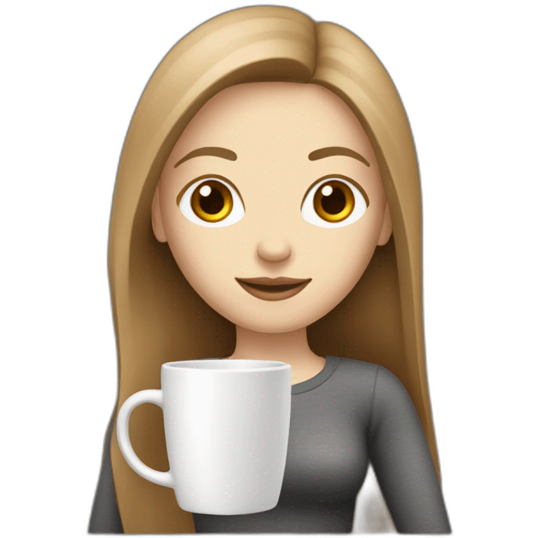 woman with pale skin and brown long straight hair holding a laptop and a coffee mug emoji