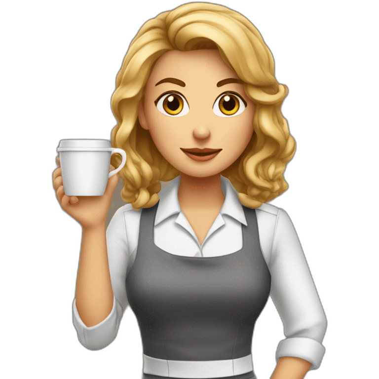 Smocking Female barista wear uniform and stand near coffee shop with cup of coffee emoji