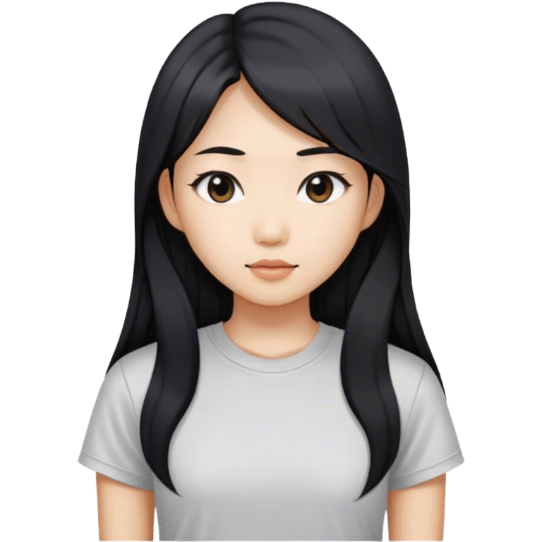 an asian girl with straight black and long hair, slight waves, tshirt emoji