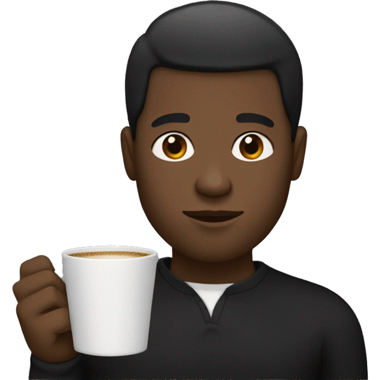 Black man with short hair wearing a black shirt holding a cup of coffee emoji