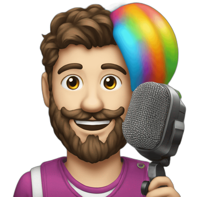 young brunette radio presenter with beard and with radio station  microphone in his hand with his face made up as a clown emoji