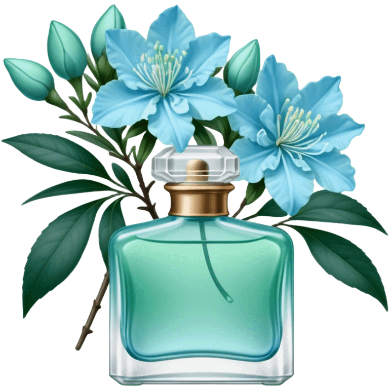 Aesthetic ensemble of soft blue azaleas alongside a charming vintage green perfume bottle.
 emoji