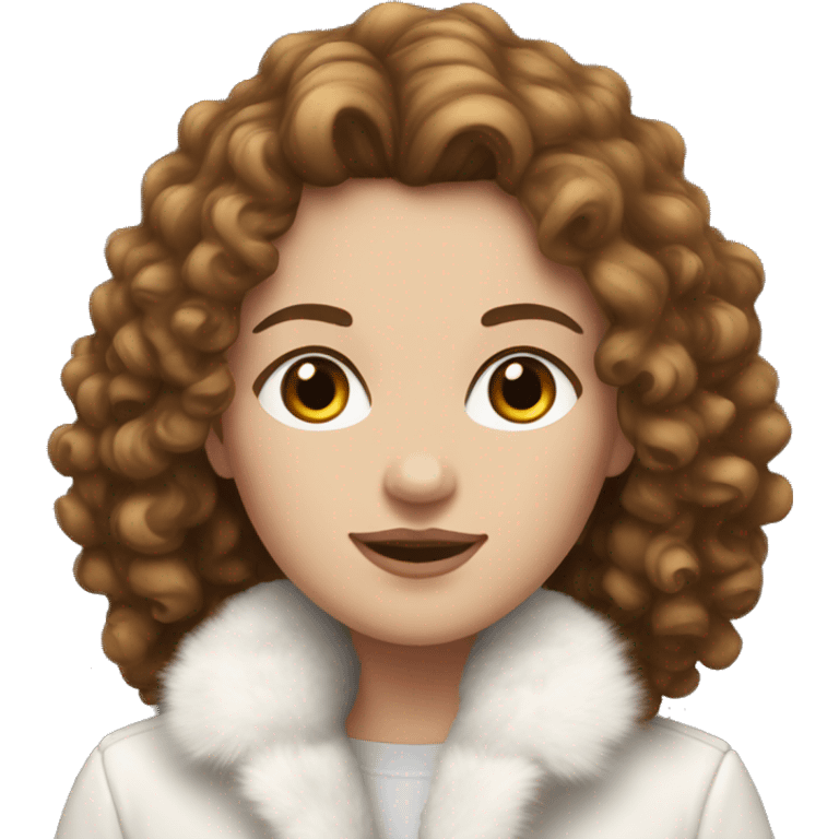 White girl with brown curly hair in white fur-coat emoji