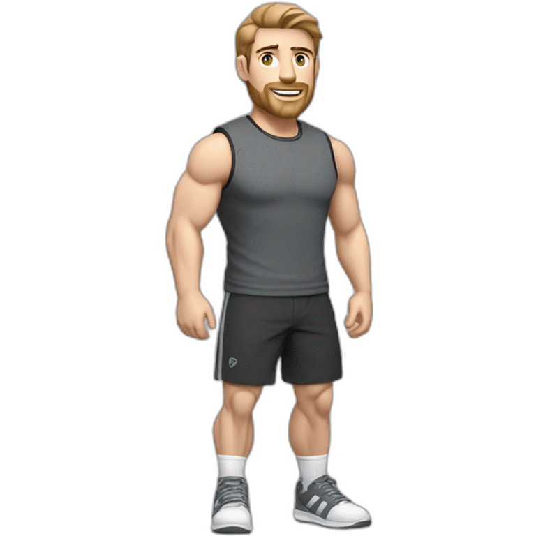 Full height Pale skinned muscular man With Realistic eyes and mouth, light brown hair and stubble In dark gray sleeveless mike, black oversize sports shorts, watch and white sneakers. emoji