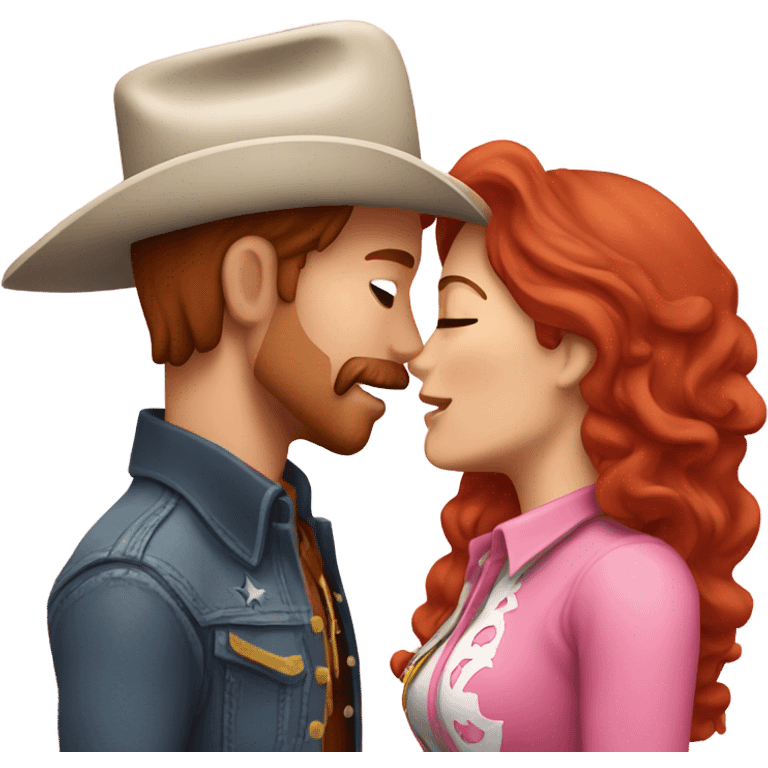 Cowboy with brown hair kissing cowgirl with red hair wearing pink emoji