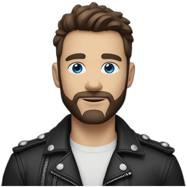 solo young man with short dark brown undercut hair, blue eyes, sporting a short beard, embodying a biker aesthetic, his gaze sharp emoji