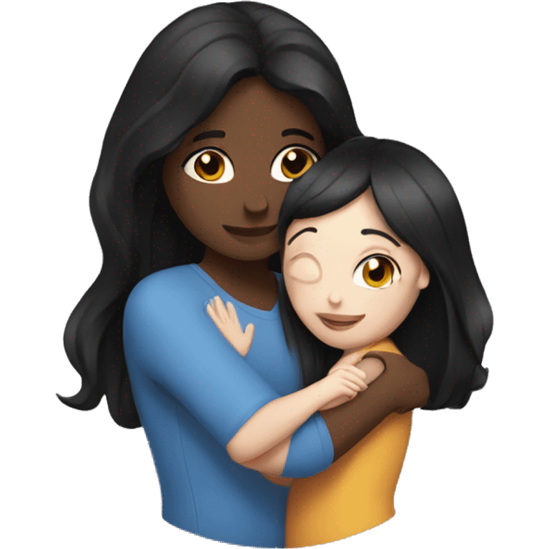 Girls hugging affectionately. They both have white skin and long black hair  emoji