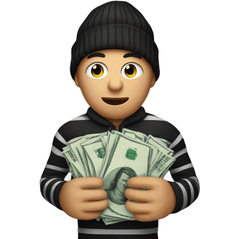 robber wearing criminal striped shirt, a black beanie, holding a money sack. emoji