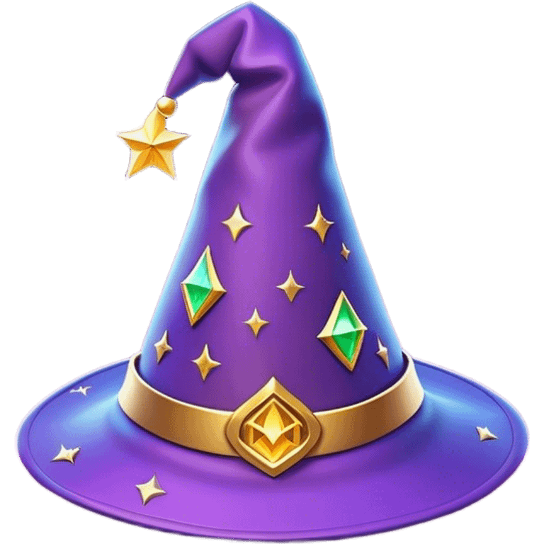 Clash of Clans aesthetic: Cinematic Playful Wizard's Hat Emoji, rendered in a 3D vector-style similar to standard emojis with minimal shading and bold, simplified shapes. A compact, isometric pointy hat with a wide brim adorned with mystical symbols and subtle enchanted shimmer, softly glowing with a magical whimsical charm. Simplified yet unmistakably iconic, highly detailed and consistent, glowing with a soft radiant glow and high shine. Stylized with a touch of classic sorcery and a soft glowing outline, capturing the essence of a legendary wizard’s hat with a friendly, playful manner! emoji