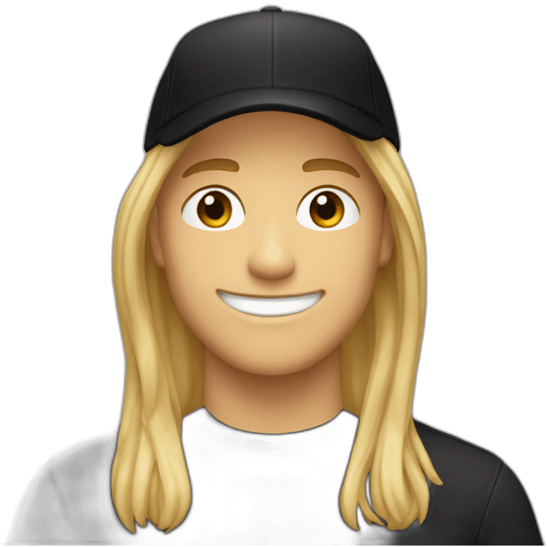 smiling young man with long blond hair sticking out behind his black cap emoji