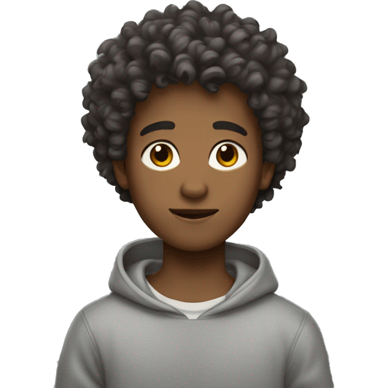 A curly boy with slightly dark skin, dark brown hair, light eyes and a gray sweatshirt emoji