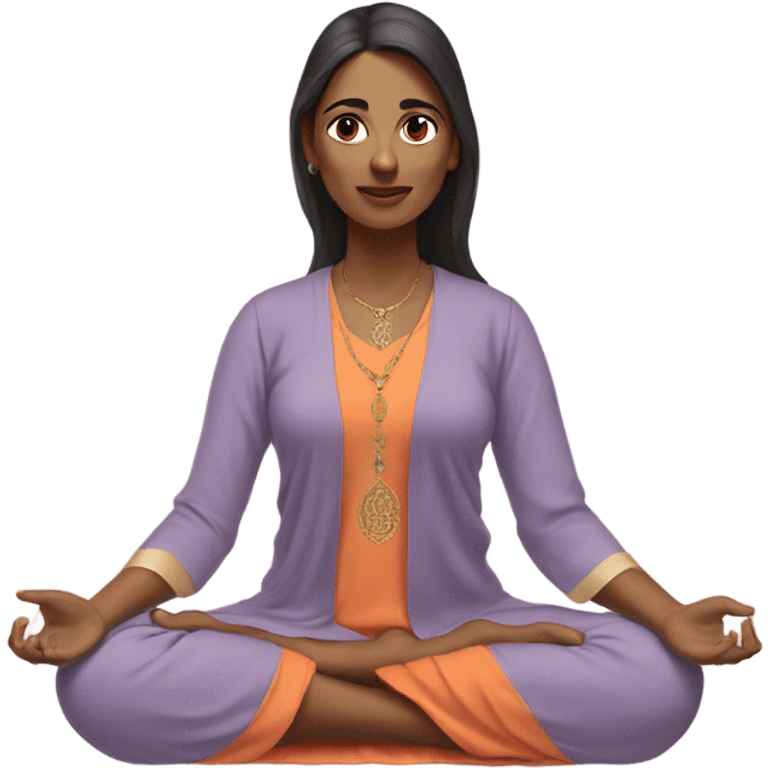 an  Indian woman, sleeveless pastel shirt
 yogi with a peaceful and meditative expression. The character should be wearing an orange robe, symbolizing traditional yogic attire. The yogi can be sitting in a lotus position emoji