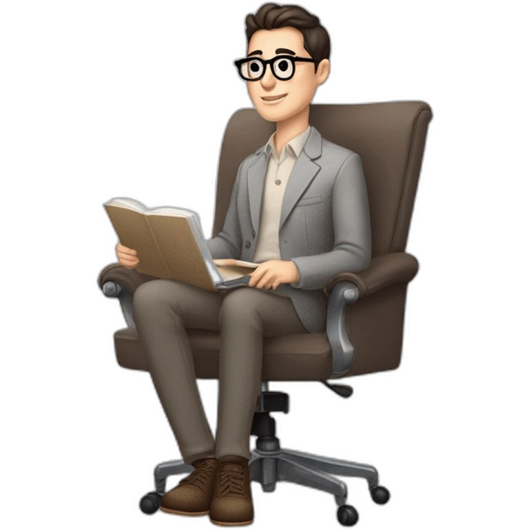 Pale skinned Fit Man With dark brown hair in gray jacket, beige office shirt and vintage glasses sitting In a soft chair with a notebook with emblem Ψ and a pen in his hands emoji