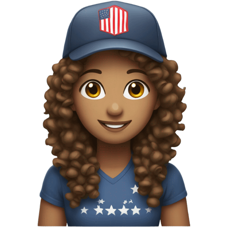 smiling girl with brown curly hair with a MAGA hat emoji