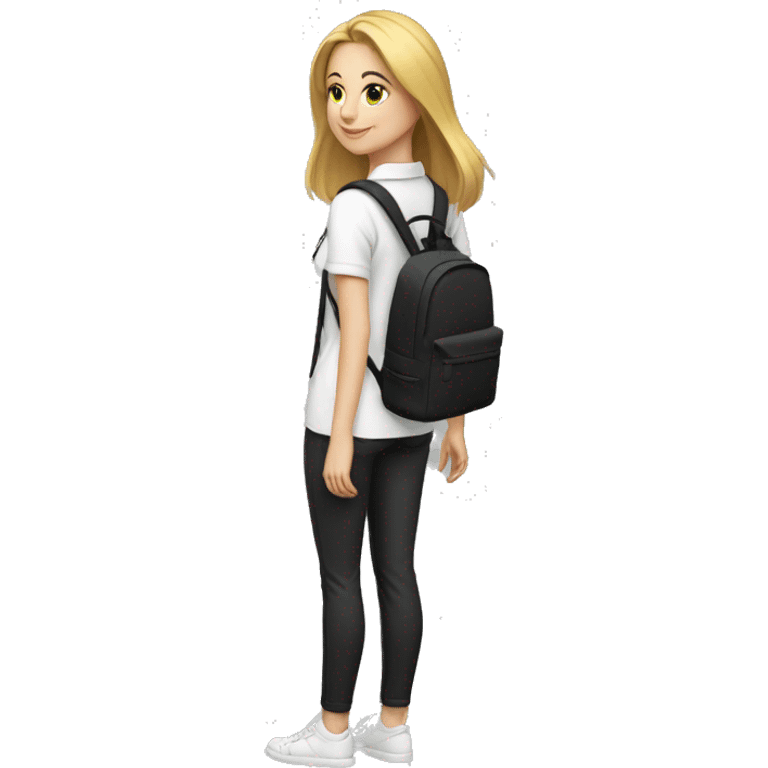 woman white skin mid length straight hairstyle with back pack white shirt black pants full body emoji