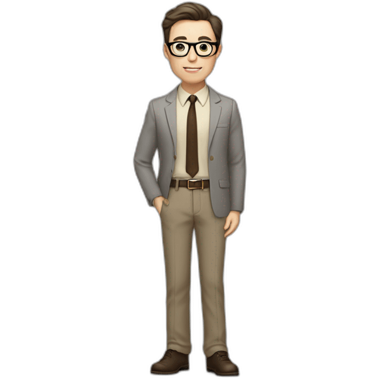 Full height Pale skinned fit man with dark brown hair in gray jacket, beige office shirt, brown tie, brown pants and vintage glasses. His right hand stretched out emoji