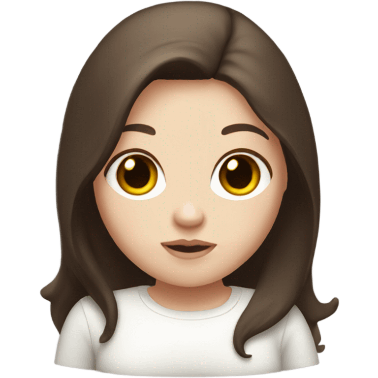 White girl with dark brown long hair, chubby, with a white top emoji