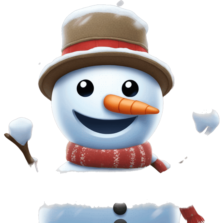 Snowman with a background of snowfall and hut with a warm Christmas vibe to it  emoji