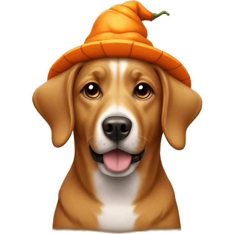 light brown dog  wearing a pumpkin hat emoji