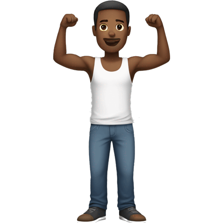 a black man wearing a white tank top standing straight with his arms raised straight up emoji