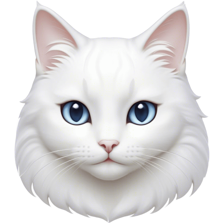 Cinematic Noble White Cat Portrait Emoji, Poised and stately, with a pristine, snow-white fur accented by delicate hints of silver, refined whiskers and a serene, focused gaze, simplified yet impeccably detailed, glowing with an ethereal radiance and timeless elegance, high shine, exuding calm intelligence and regal simplicity, soft glowing outline, capturing the essence of a noble white cat that radiates quiet majesty! emoji