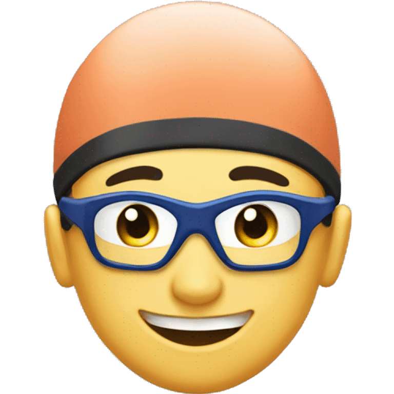 Swimmer in great mood and feeling perfect after the workout. Swimmer is in the swimming pool. He has swimming cap and swimming goggles. His face should show his great mood emoji