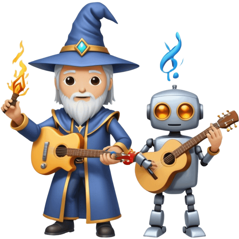 Wizard casting spells + Robot playing guitar emoji