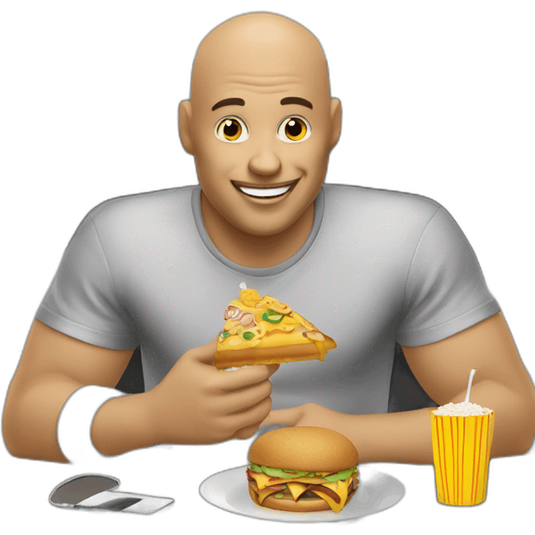 bald man eats junk food while sitting at the computer and is very happy emoji