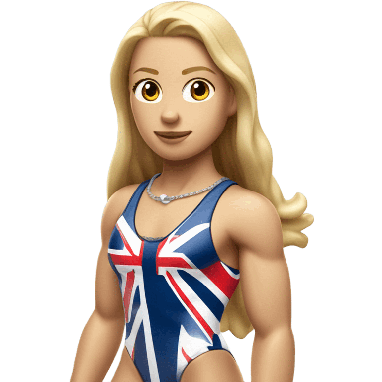 A girl with long blonde hair with wide shoulders wearing a Great Britain rowing swimming suit and has toned muscles and add a necklace that has a sea shell pendant on it. The necklace is around the neck and the pendant is on her chest emoji