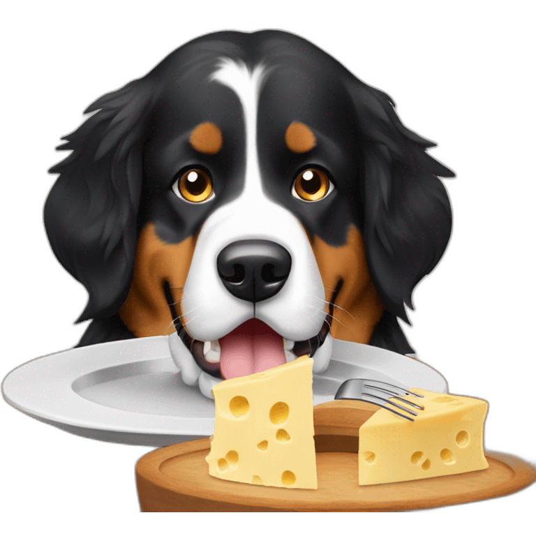 Bernese mountain dog eating swiss cheese fondue emoji