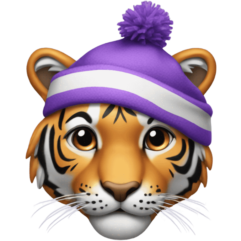 Alluring tiger with purple stocking cap emoji