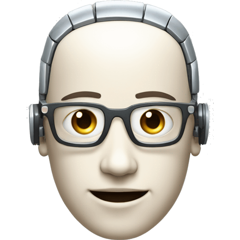 Robotic Cyborg head with fair skin, flat top haircut, rectangular glasses, circuits and smiling  emoji