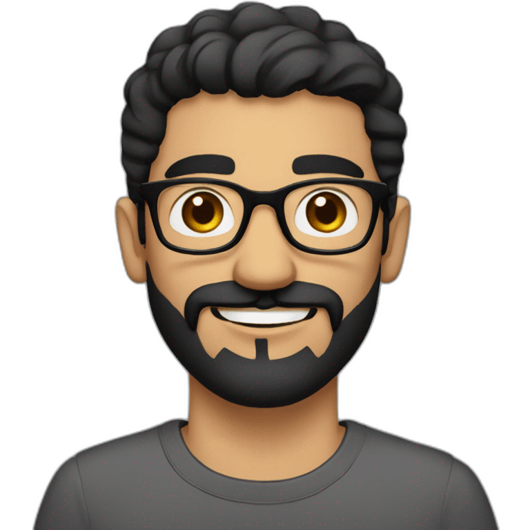 Arabic man, short black hair, round glasses, dark beard and mustash, round-ish face, brown eyes, beautiful smile emoji