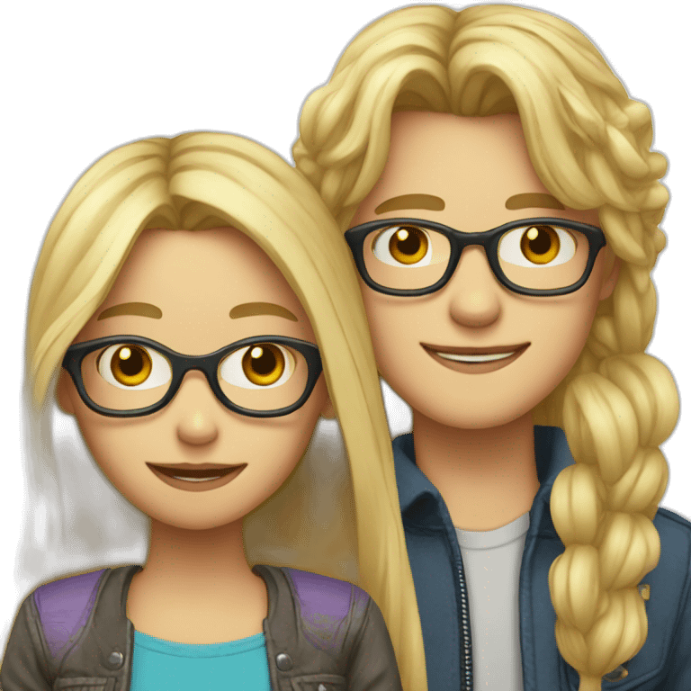 Blond long hair girl with blond boy with glasses, love emoji