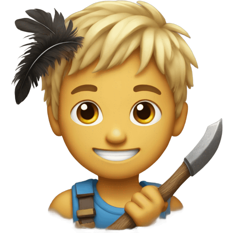 smiling boy with feathers with an axe in his hand  emoji